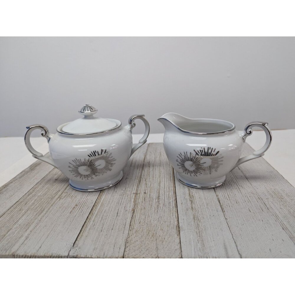 Vintage Kutani Sugar Dish Lid Creamer Set White & Silver Gray Bursts Japan